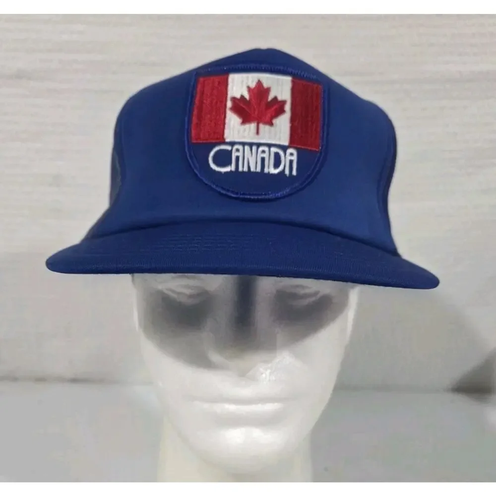 Vintage Canada Patch Trucker Hat Maple Leaf Blue Mesh Snapback
